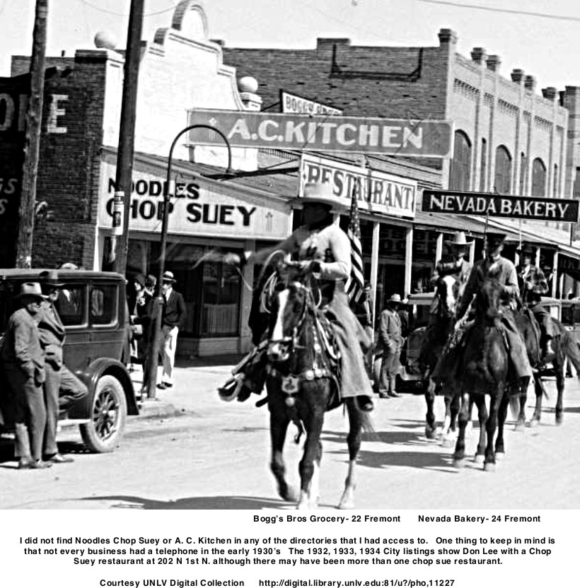 1930’s Labor Day parade showing Chop Suey restaurant  A. C. Kitchen  Bogg’s Bros Grocery Noodles Chop Suey   Nevada Bakery    Blanding’s Meat Market  Las Vegas Pharmacy    Courtesy UNLV Digital Collection